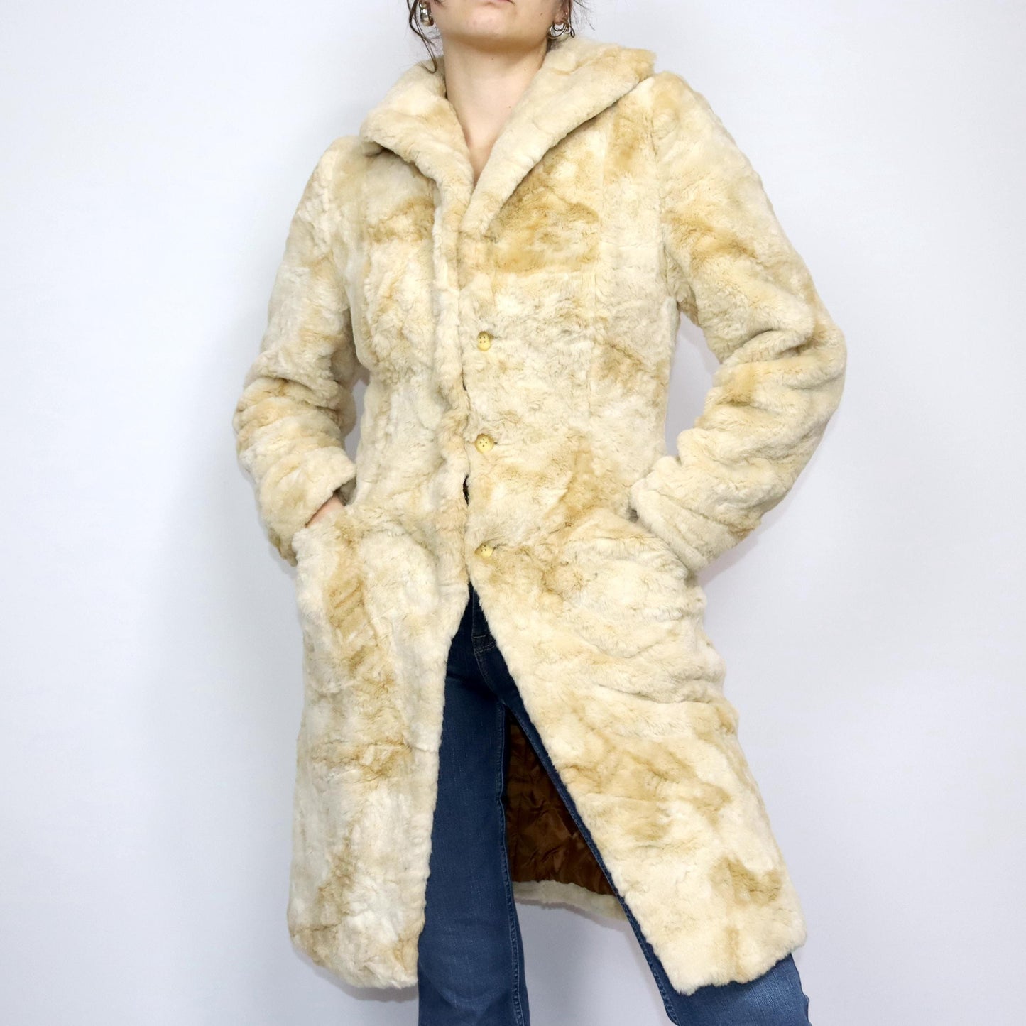 Vintage 80s 90s AVANT coat faux fur beige jacket XS/S