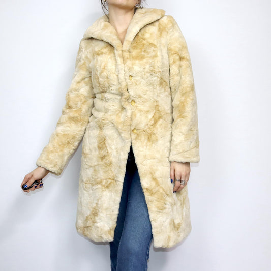 Vintage 80s 90s AVANT coat faux fur beige jacket XS/S
