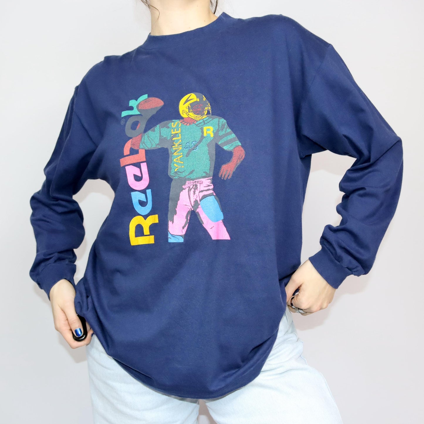 Vintage 80s 90s REEBOK longsleeve T-shirt long sleeve print Yankees dark blue XL