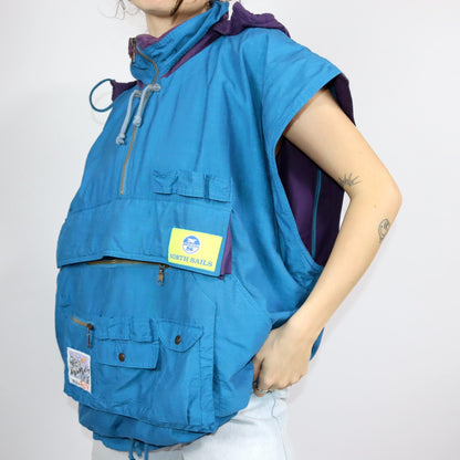 Vintage 80s 90s ADIDAS sailing jacket overcoat windbreaker vest hood Aditex blue 58 XXXL