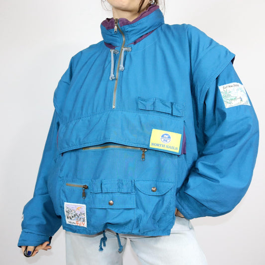 Vintage 80s 90s ADIDAS sailing jacket overcoat windbreaker vest hood Aditex blue 58 XXXL