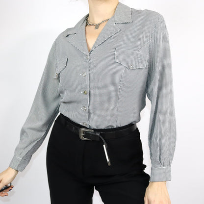 Vintage 80er 90er bluse langarm schwarz weiß kariert Viskose M