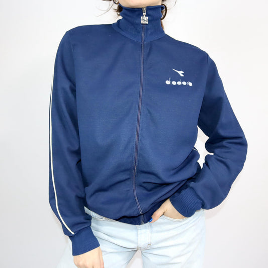 Vintage 80s 90s DIADORA tracksuit jacket stand-up collar dark blue tight M/L