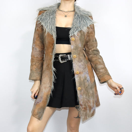 Vintage 80s 90s Y2k ESSENZA coat jacket lined Afghan Penny Lane grey brown purple S/M