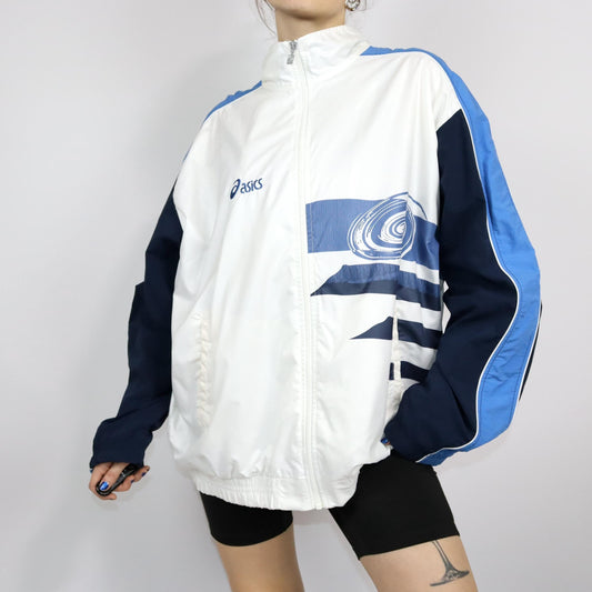 Vintage 80s 90s ASICS tracksuit jacket stand-up collar white blue crazy pattern XXL