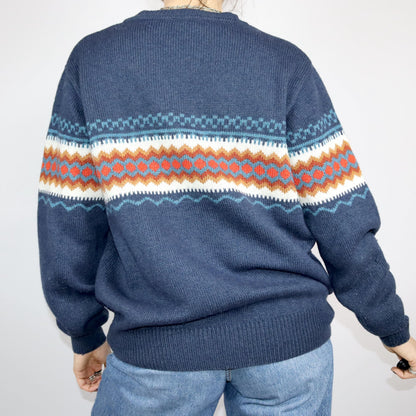 Vintage 80er 90er LUCIANO Wollpullover Strickpullover Wolle dunkelblau gemustert XXL