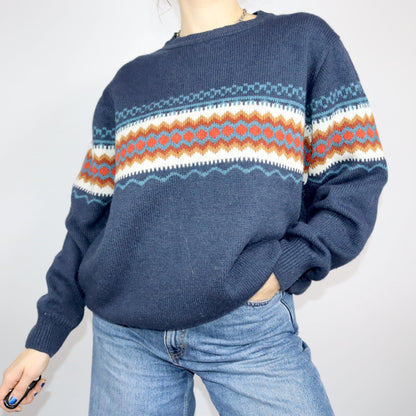 Vintage 80er 90er LUCIANO Wollpullover Strickpullover Wolle dunkelblau gemustert XXL