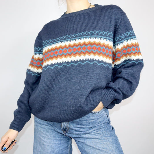 Vintage 80er 90er LUCIANO Wollpullover Strickpullover Wolle dunkelblau gemustert XXL