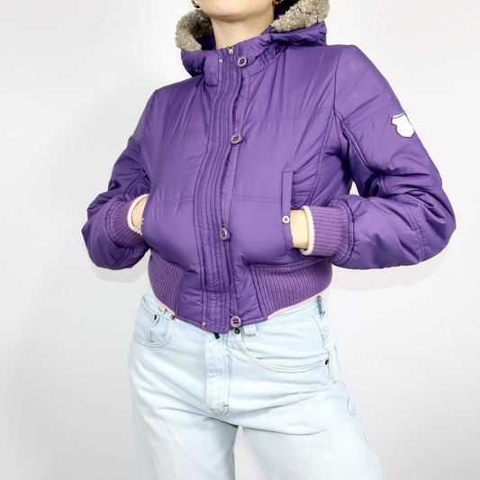 Vintage 80s 90s CHAMPION winter jacket bomber jacket purple hood lined M