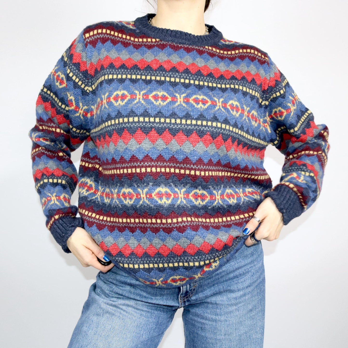 Vintage 80er 90er LUCIANO Wollpullover Strickpullover gemustert bunt XXL