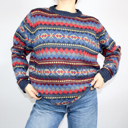 Vintage 80er 90er LUCIANO Wollpullover Strickpullover gemustert bunt XXL
