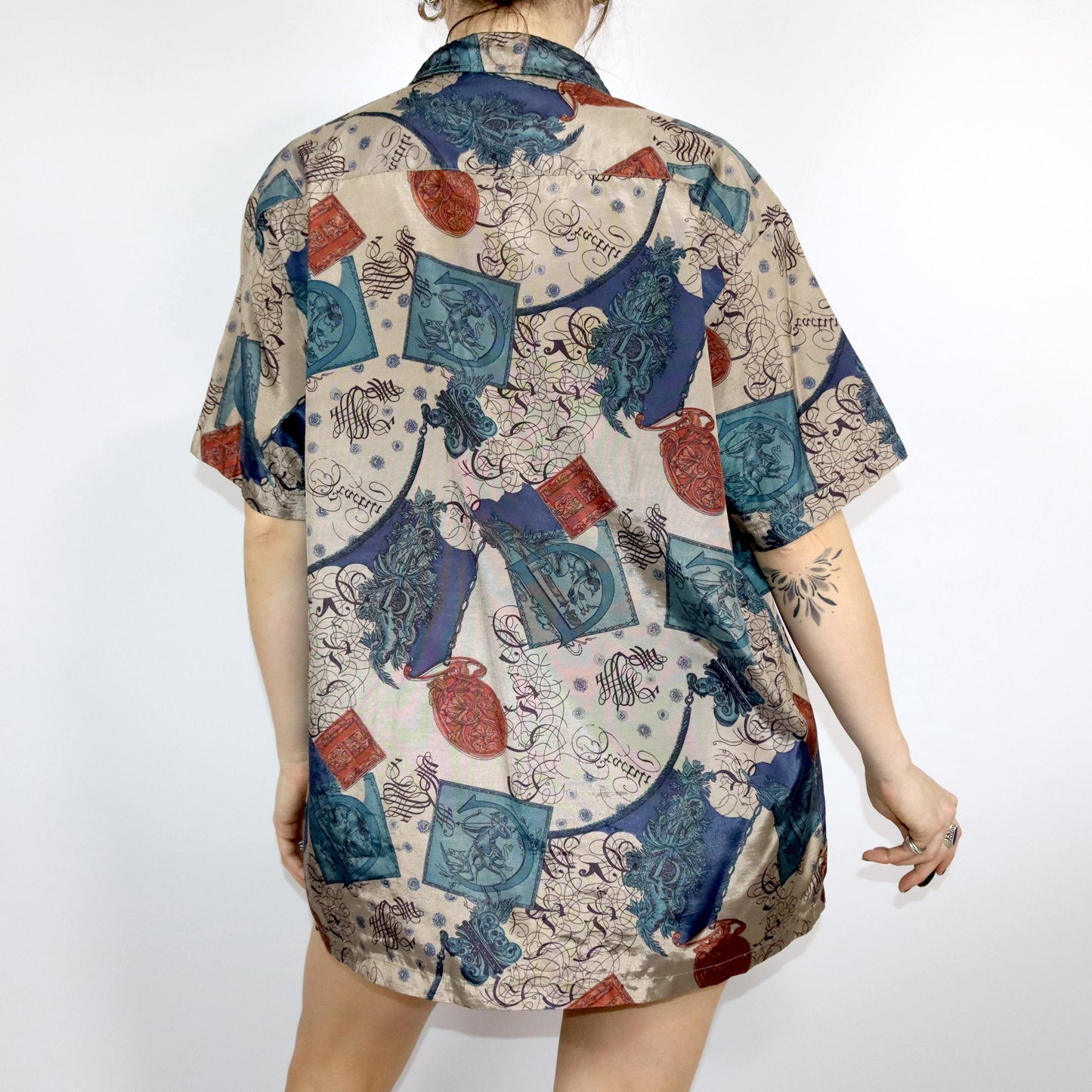 Vintage 80er 90er Hemd kurzarm crazy pattern glänzend metallic L