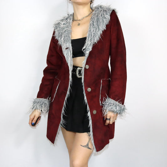 Vintage 80s 90s ESSENZA coat Afghan Penny Lane hood dark red S