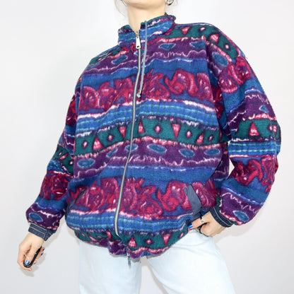 Vintage 80s 90s MERRYL reversible jacket windbreaker fleece jacket dark blue crazy pattern 46/48 L