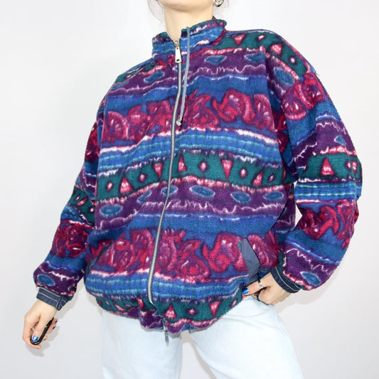 Vintage 80s 90s MERRYL reversible jacket windbreaker fleece jacket dark blue crazy pattern 46/48 L