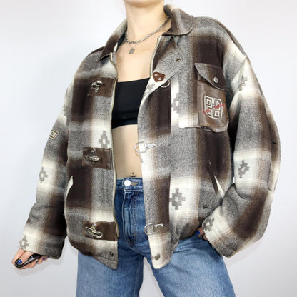 Vintage 80s 90s ESSENZA winter jacket lightly lined patterned beige brown wool M