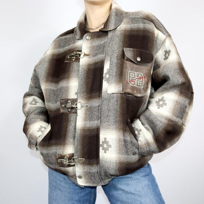 Vintage 80s 90s ESSENZA winter jacket lightly lined patterned beige brown wool M