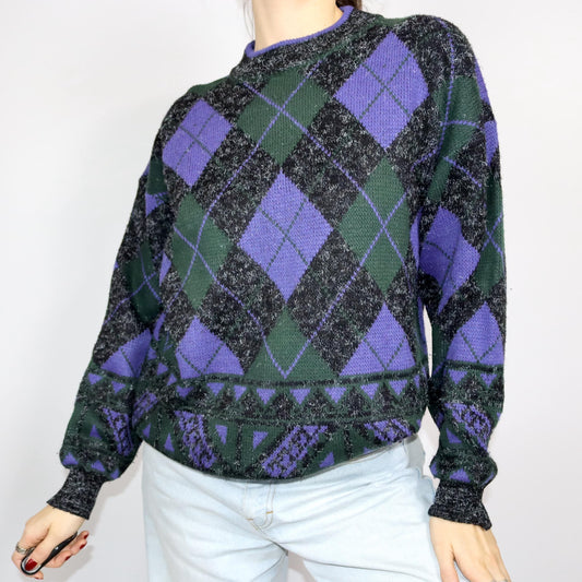 Vintage 80er 90er QUADRO Wollpullover Pullover Wolle kariert gemustert schwarz lila M