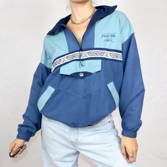 Vintage 80s 90s GREEKSTROKE PARK jacket overcoat stand-up collar blue velvet S