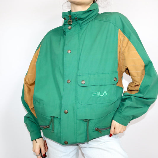 Vintage 80s 90s FILA thin jacket transition jacket green beige with hood L