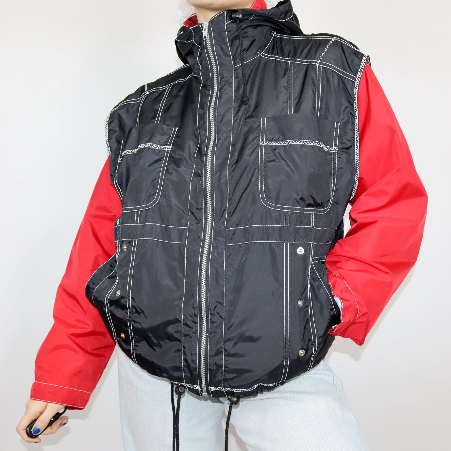 Vintage 80s 90s rain jacket windbreaker 2-in-1 jacket and vest red black L