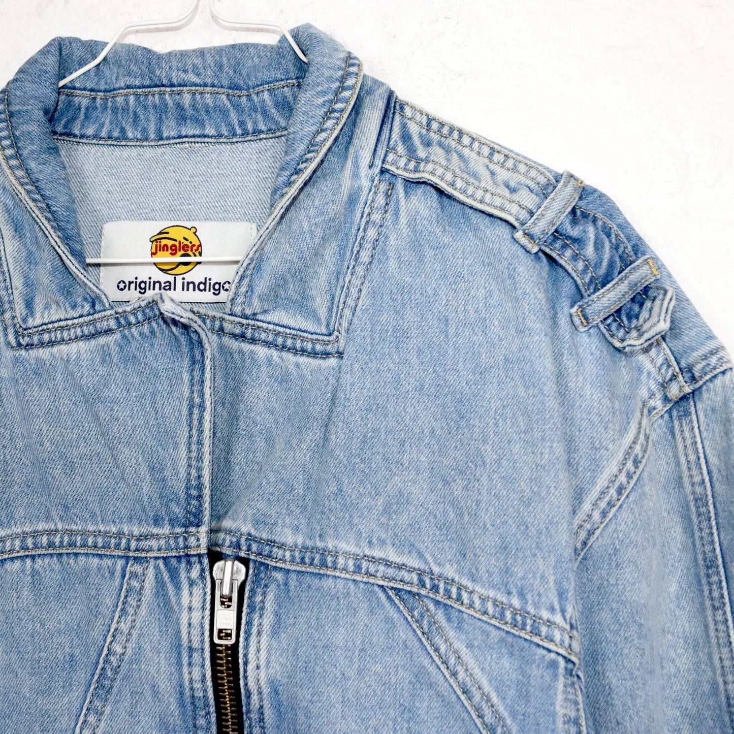 Vintage 80s 90s JINGLERS denim jacket light blue fitted zipper S