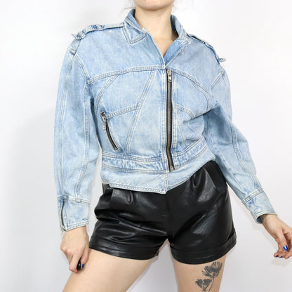 Vintage 80s 90s JINGLERS denim jacket light blue fitted zipper S