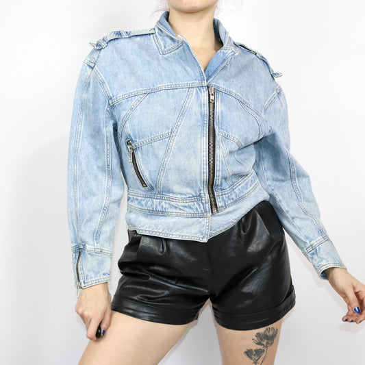 Vintage 80s 90s JINGLERS denim jacket light blue fitted zipper S