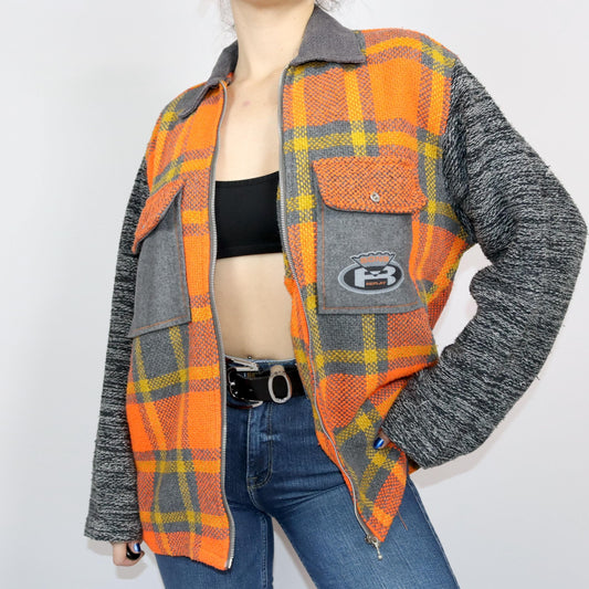 Vintage 80er 90er REPLAY Hemd langarm Reißverschluss Wolle kariert orange grau Cordkragen L/XL