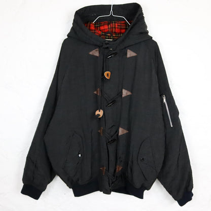 Vintage 80s 90s bomber jacket winter jacket black lightly lined inside checked hood L