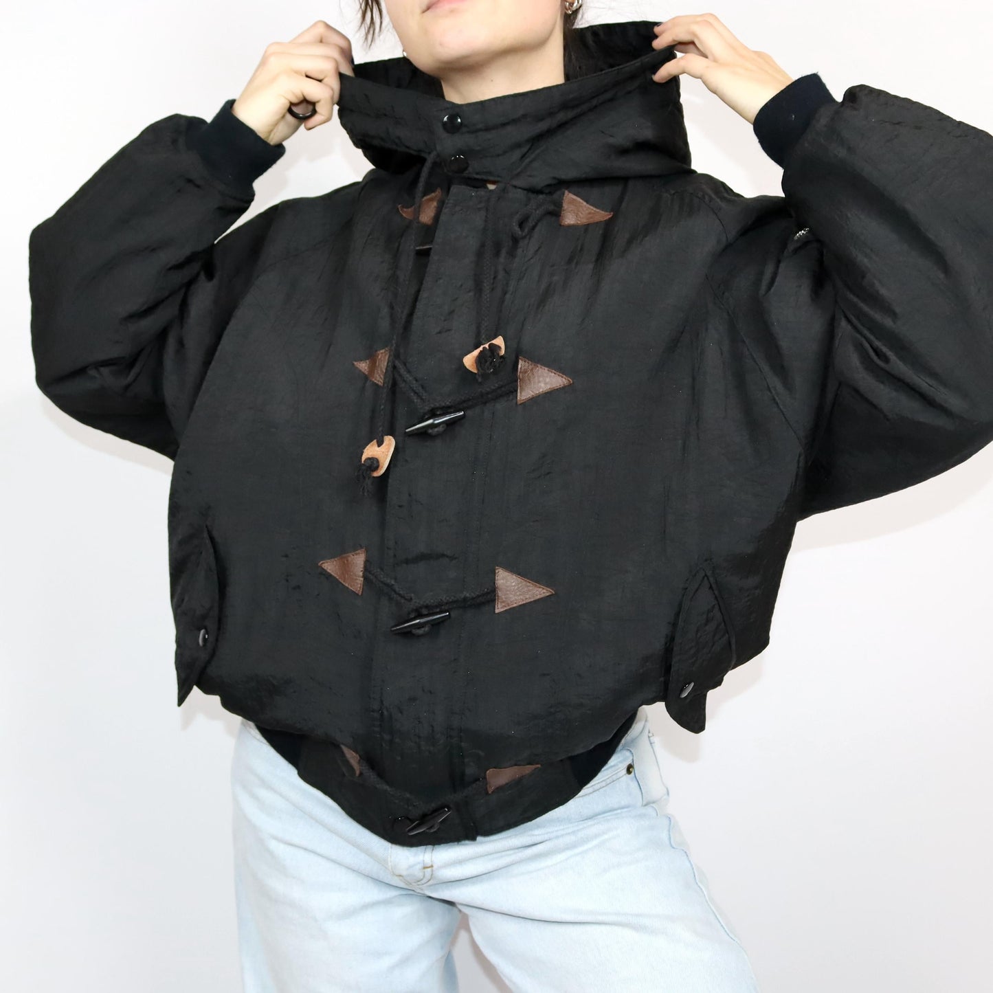 Vintage 80s 90s bomber jacket winter jacket black lightly lined inside checked hood L