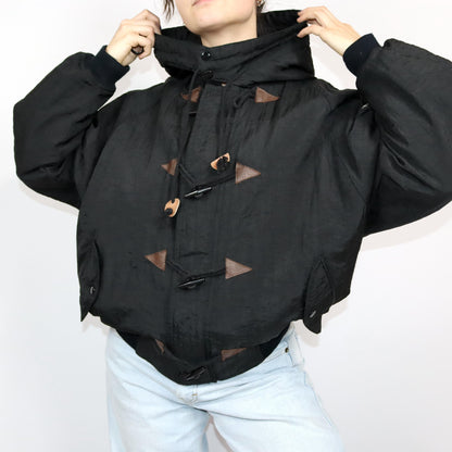 Vintage 80s 90s bomber jacket winter jacket black lightly lined inside checked hood L