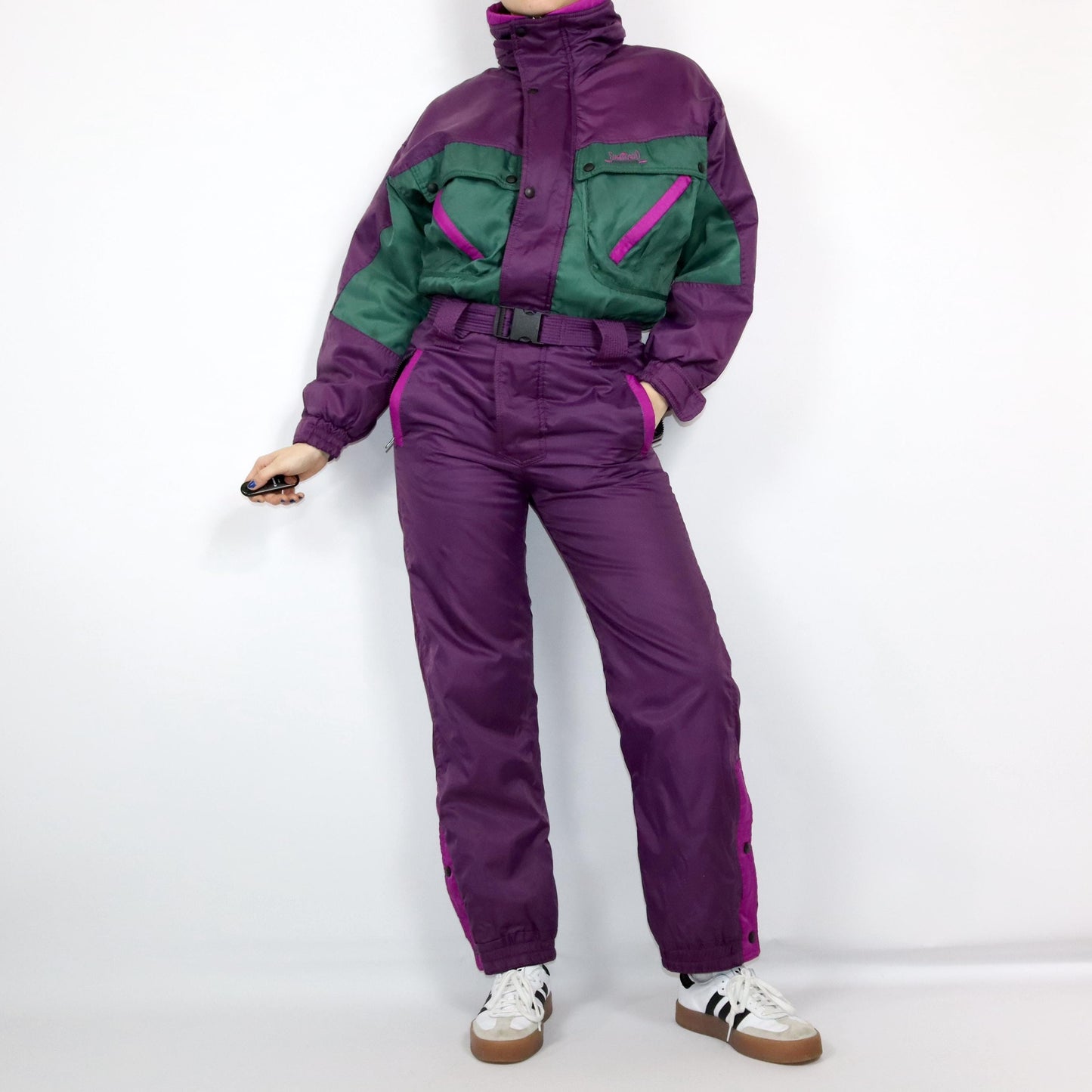 Vintage 80s 90s SNOWANDFREEDOM ski suit snowsuit one-piece dark green purple M
