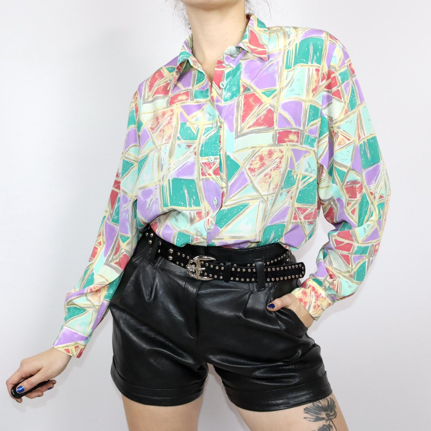 Vintage 80er 90er PIER BE Bluse langarm crazy pattern bunt 42