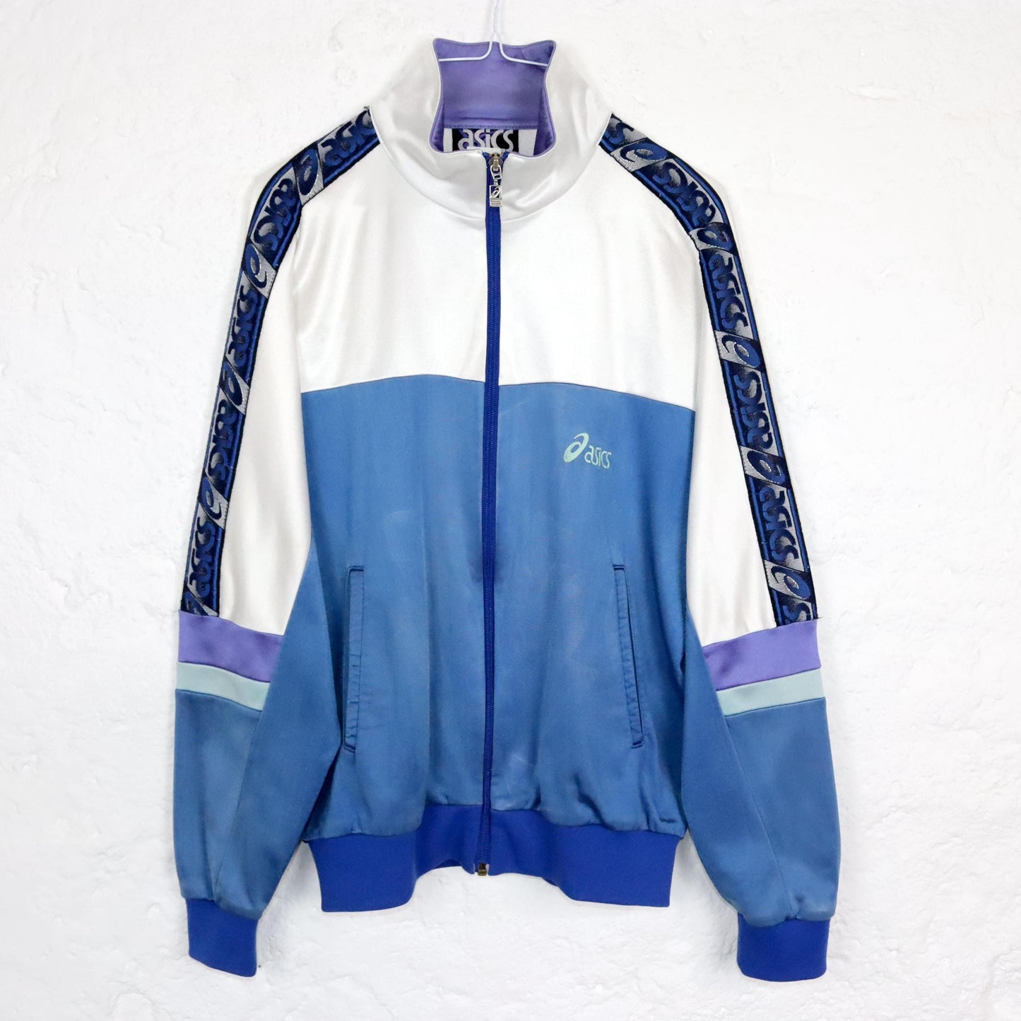 Vintage 80s 90s ASICS tracksuit jacket stand-up collar white blue M 48