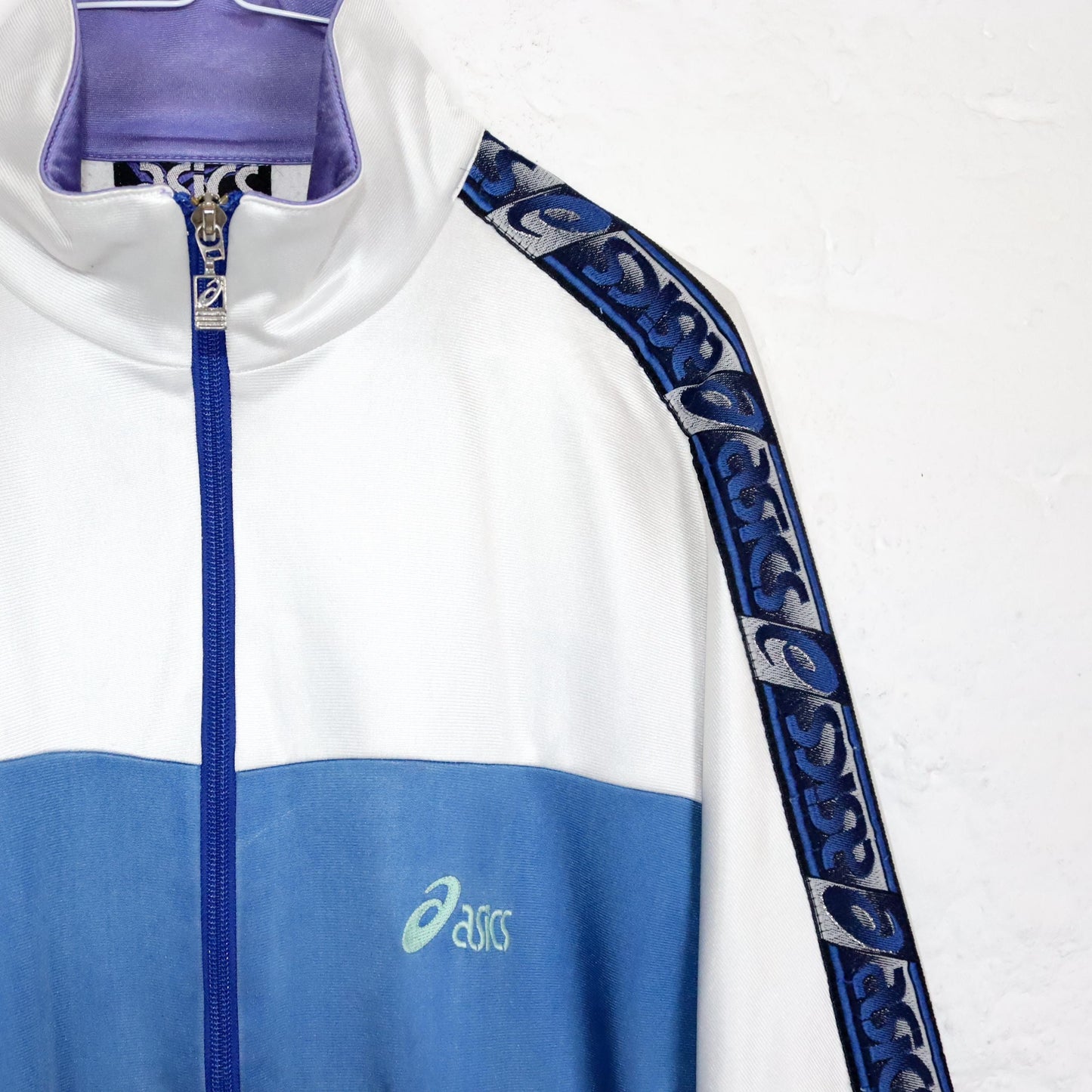 Vintage 80s 90s ASICS tracksuit jacket stand-up collar white blue M 48