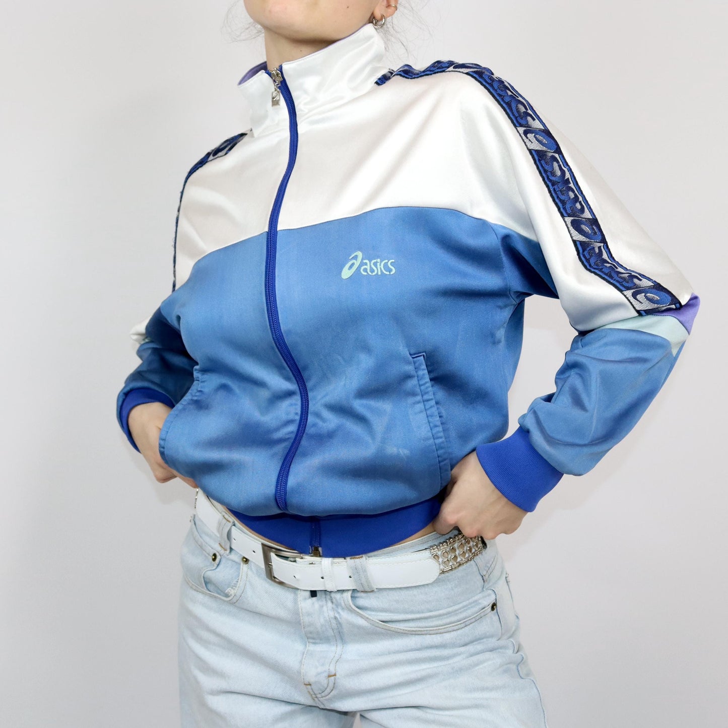 Vintage 80s 90s ASICS tracksuit jacket stand-up collar white blue M 48