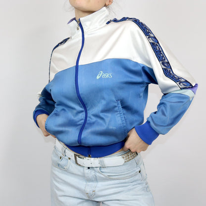 Vintage 80s 90s ASICS tracksuit jacket stand-up collar white blue M 48