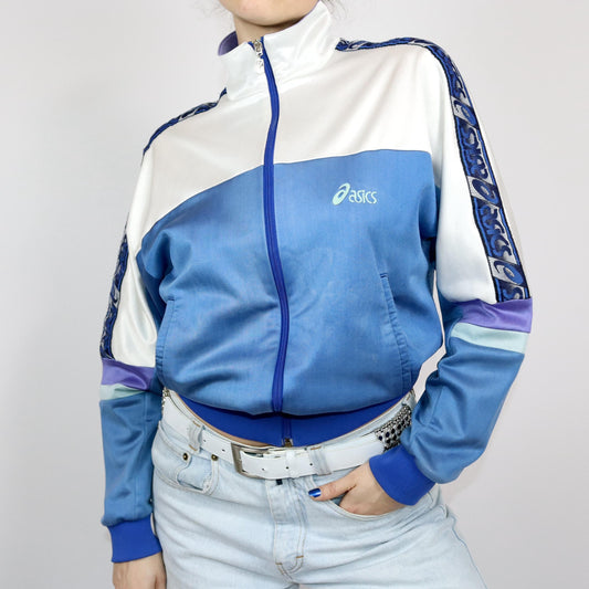 Vintage 80s 90s ASICS tracksuit jacket stand-up collar white blue M 48