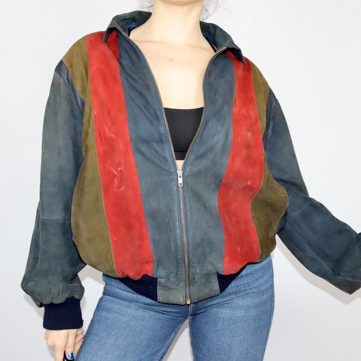 Vintage 80s 90s leather jacket suede collar beige red black M/L