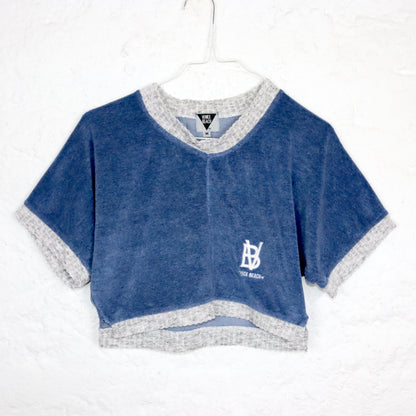 Vintage 80er 90er VENICE BEACH Crop Shirt kurzarm Frottee blau grau M