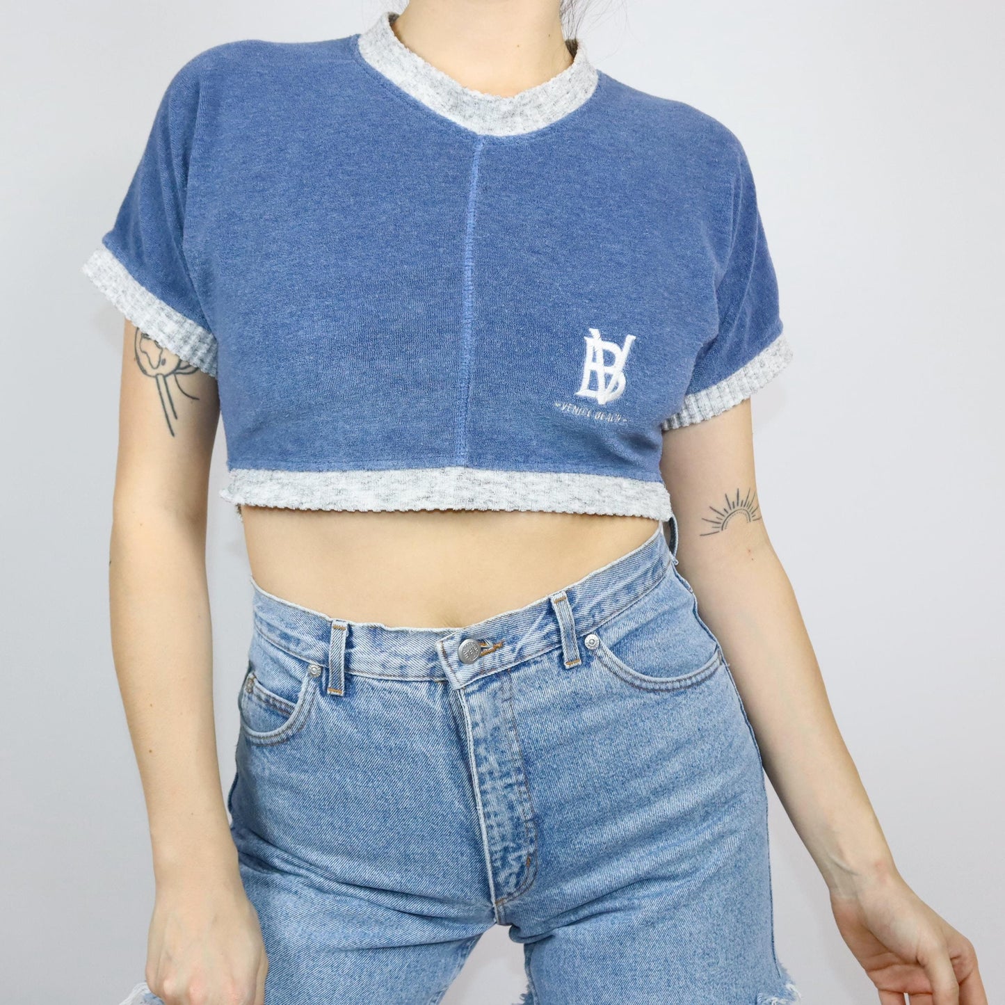 Vintage 80er 90er VENICE BEACH Crop Shirt kurzarm Frottee blau grau M