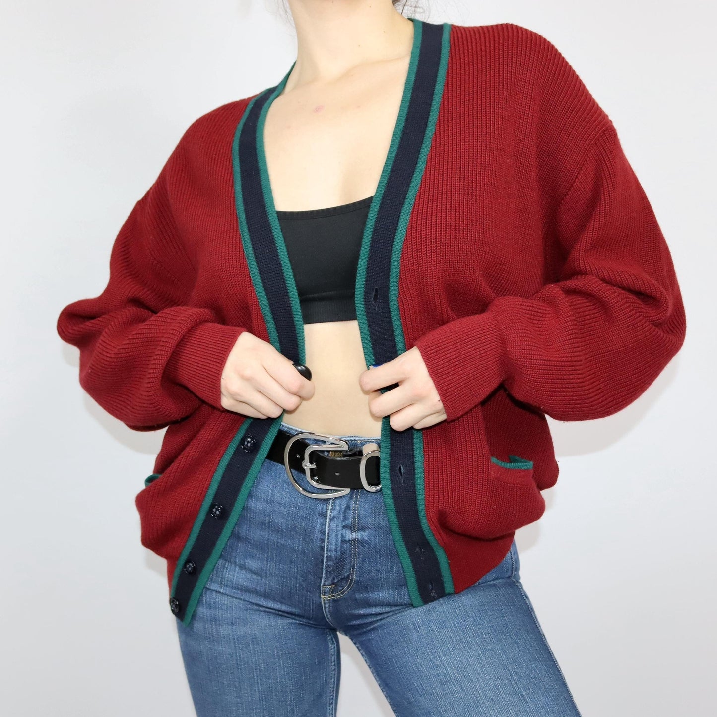 Vintage 80s 90s MALAGRIDA Cardigan Button Front Green Red Wool L