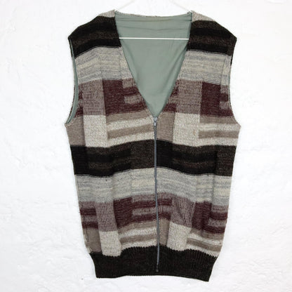 Vintage 80s 90s Cardigan Sweater Vest Wool Beige Red Brown M