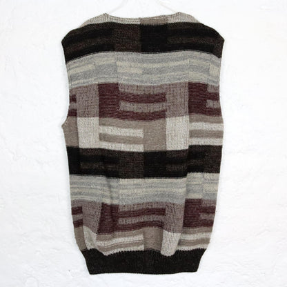 Vintage 80s 90s Cardigan Sweater Vest Wool Beige Red Brown M