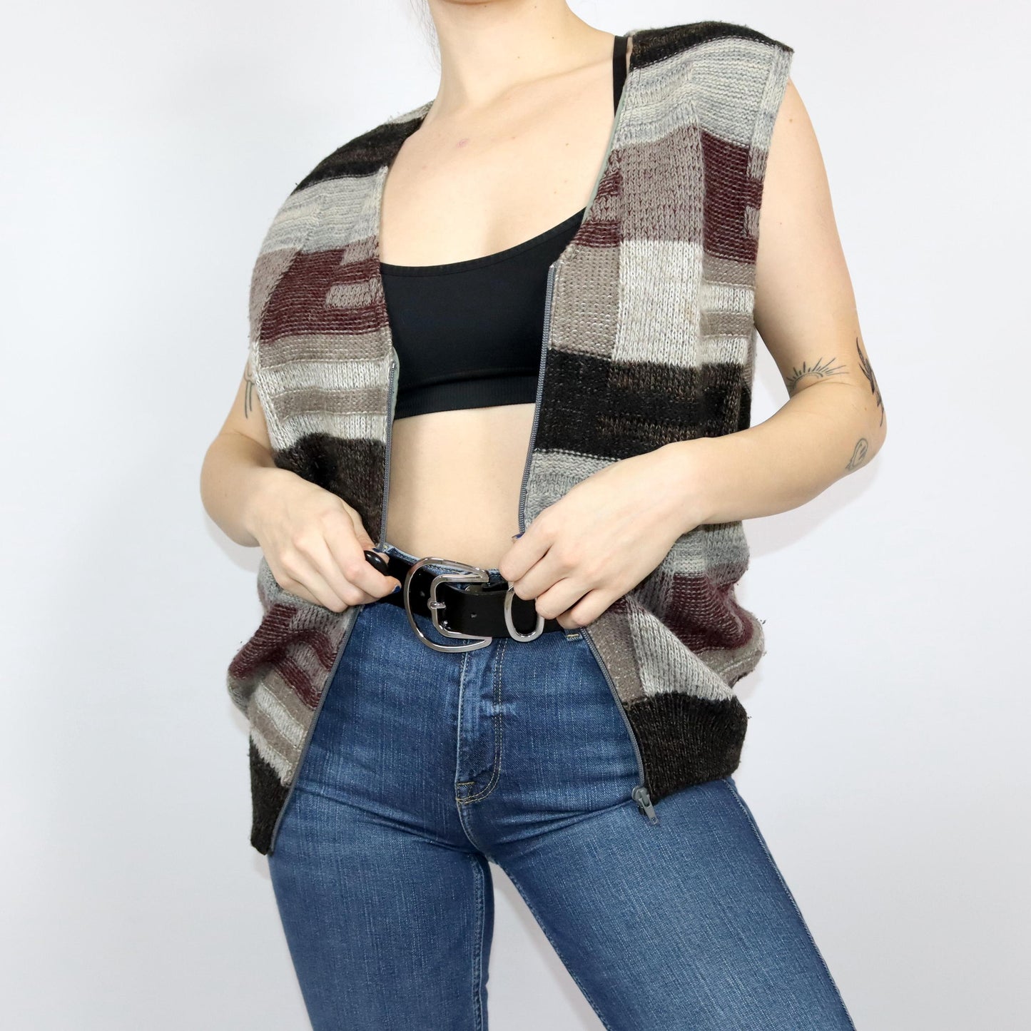 Vintage 80s 90s Cardigan Sweater Vest Wool Beige Red Brown M