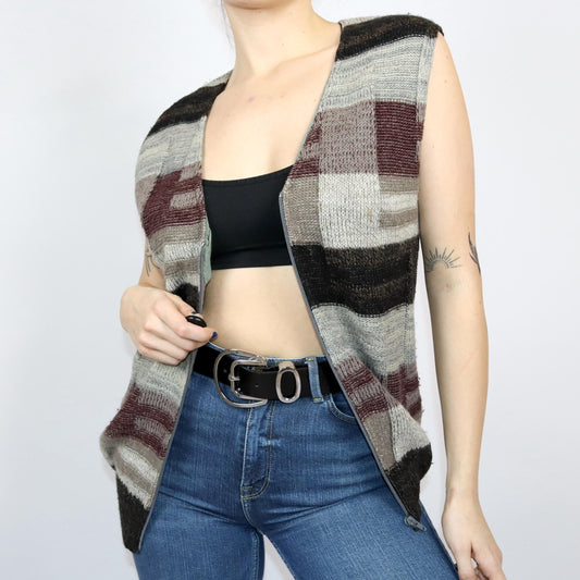 Vintage 80s 90s Cardigan Sweater Vest Wool Beige Red Brown M