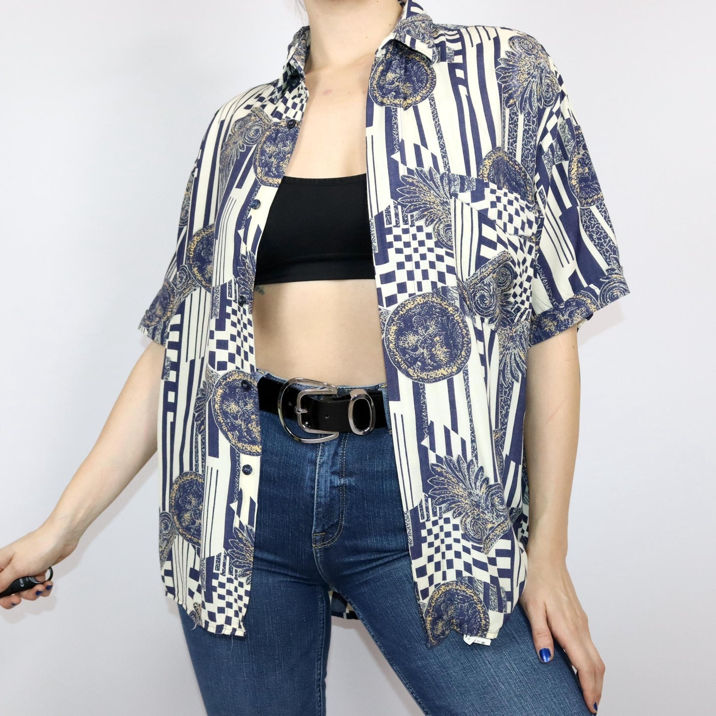 Vintage 80er 90er AZZURRA CASUAL Hemd kurzarm crazy pattern L