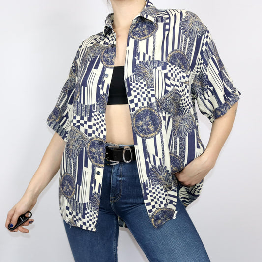 Vintage 80er 90er AZZURRA CASUAL Hemd kurzarm crazy pattern L
