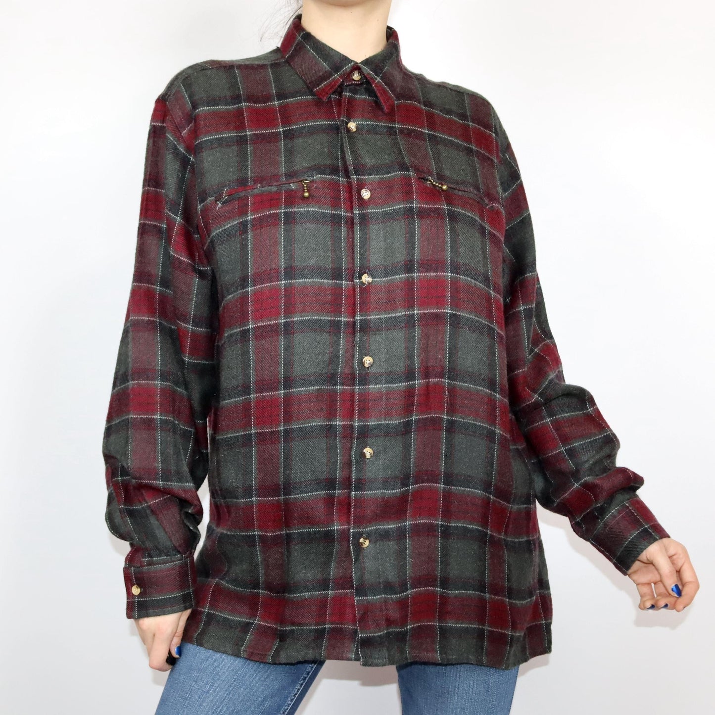 Vintage 80s 90s wool shirt flannel shirt checked dark green red L